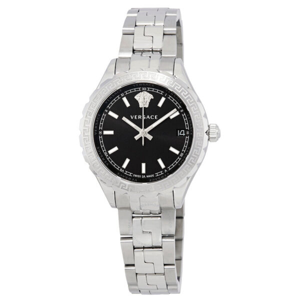 Versace Hellenyium black dial ladies watch with stainless steel case and bracelet
