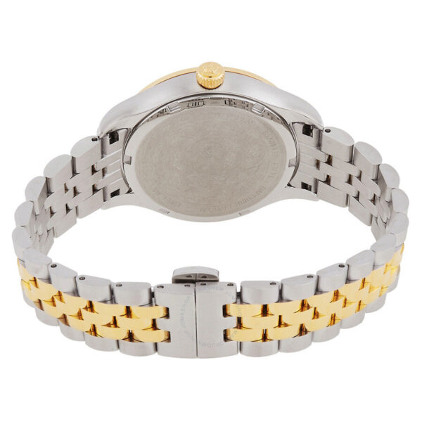Caseback view of Versace Hellenyium watch with two-tone bracelet