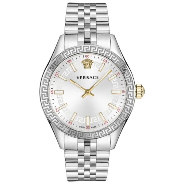 Versace Hellenyium women's watch with white dial, silver steel case and bracelet