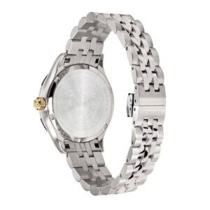 Side view of Versace Hellenyium watch showing silver steel bracelet and case profile