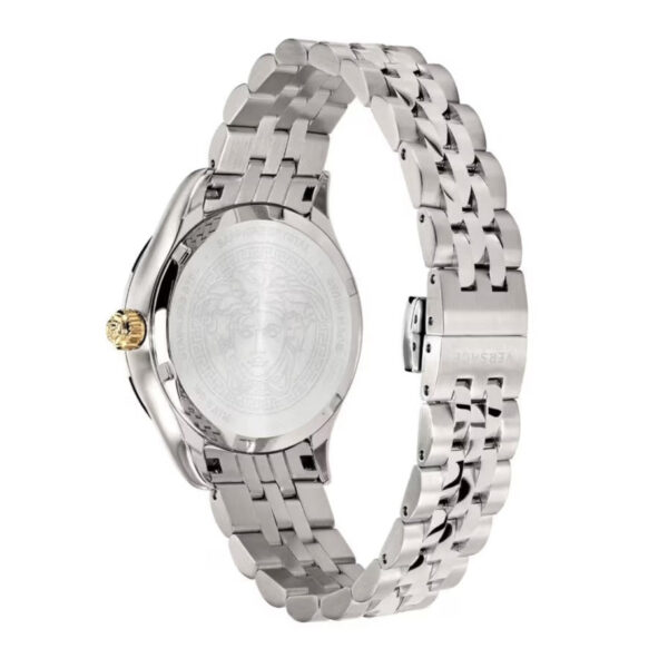 Side view of Versace Hellenyium watch showing silver steel bracelet and case profile