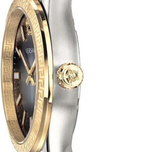 Side profile of Versace Hellenyium watch with grey dial and two-tone strap
