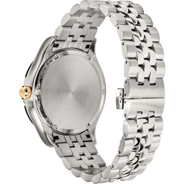Caseback view of Versace Hellenyium silver watch showing brushed stainless steel