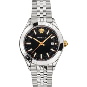 Versace Hellenyium silver men's watch with black dial, gold hands and Medusa logo