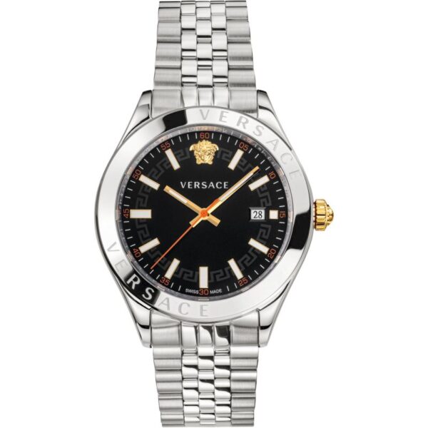 Versace Hellenyium silver men's watch with black dial, gold hands and Medusa logo