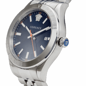 Versace Hellenyium watch side profile showing silver bracelet and blue dial with date window
