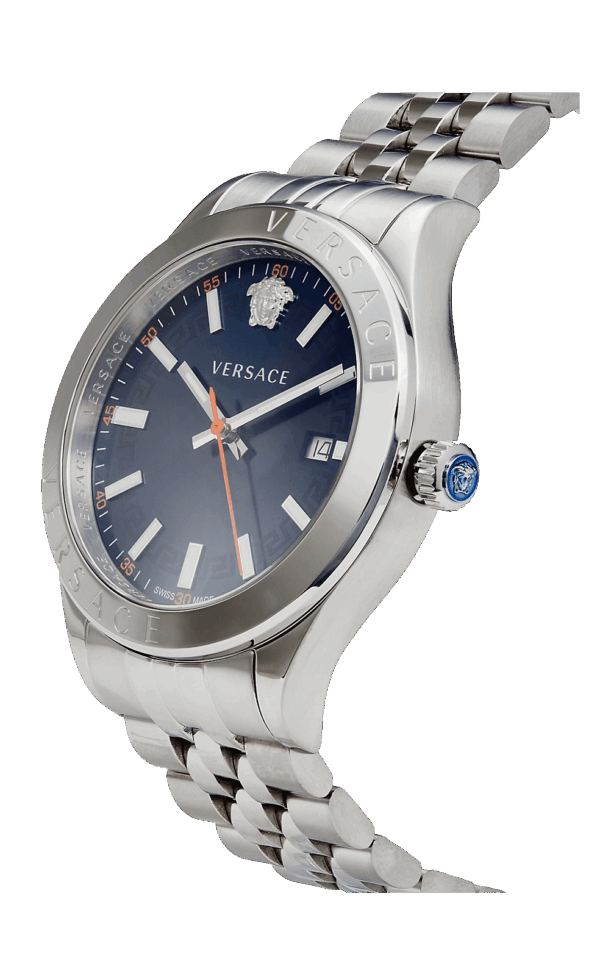 Versace Hellenyium watch side profile showing silver bracelet and blue dial with date window