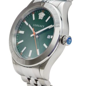 Versace Hellenyium watch angle view showing green dial, Medusa logo and blue crown