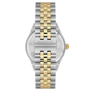 Caseback view of Versace Hellenyium watch showing two-tone stainless steel bracelet