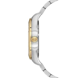 Side profile of Versace Hellenyium two-tone watch showing case and integrated bracelet