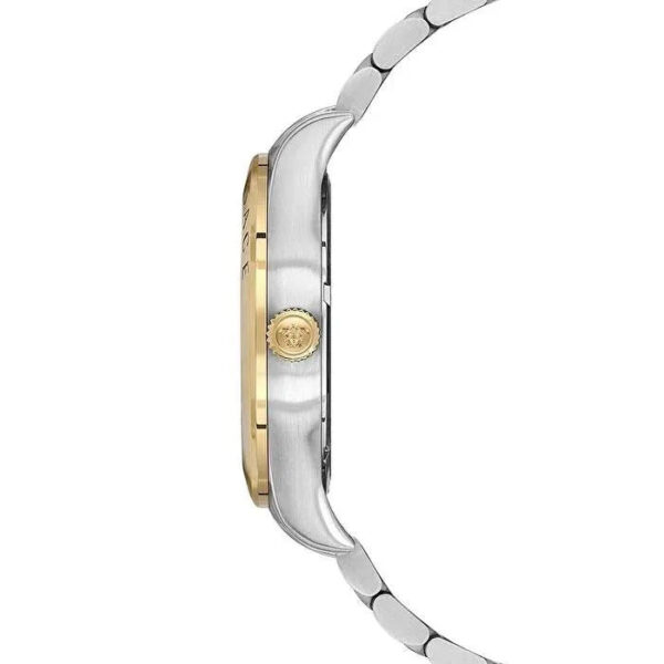 Side profile of Versace Hellenyium two-tone watch showing case and integrated bracelet