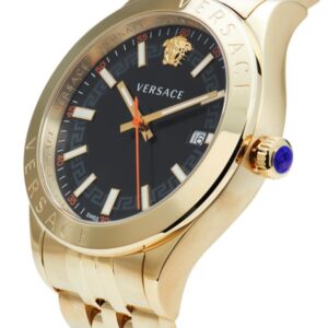 Versace Hellenyium gold watch angled view showing dial, bezel, and matching gold bracelet