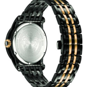 Case back view showing engraved Versace medallion on black ion plated watch with two-tone bracelet