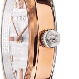 Versace Meander watch side profile showing rose gold case thickness and white leather strap
