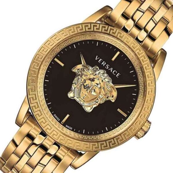 Versace Palazzo Empire watch angled view showing Greek key bezel and gold-tone bracelet