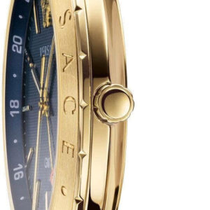 Versace Univers GMT watch side profile with crown and blue leather strap visible