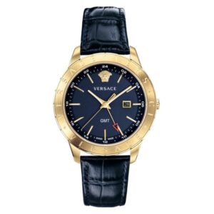 Versace Univers GMT blue dial men's watch with gold-tone case and blue leather strap