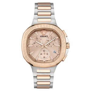Versace V-Chrono Square chronograph watch with rose gold dial and two-tone bracelet
