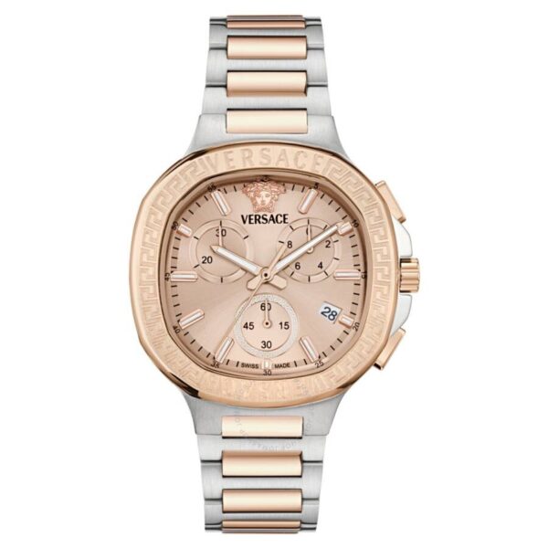 Versace V-Chrono Square chronograph watch with rose gold dial and two-tone bracelet