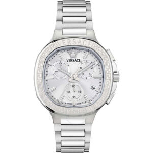 Versace V-Chrono square chronograph watch with white dial and stainless steel bracelet