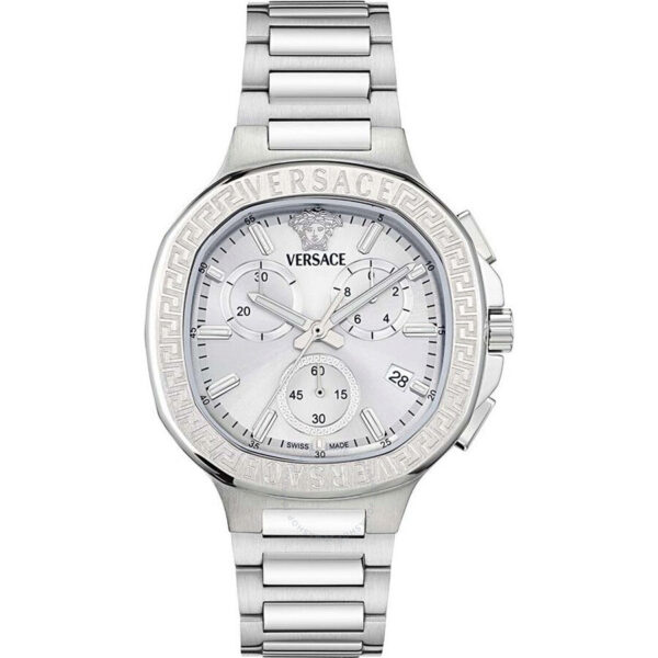 Versace V-Chrono square chronograph watch with white dial and stainless steel bracelet