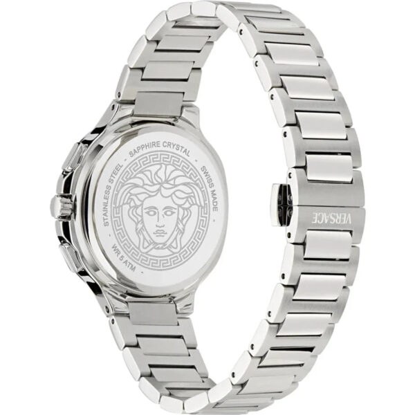 Side profile view of Versace V-Chrono watch with stainless steel bracelet