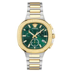 Versace V-Chrono Square green dial chronograph watch with dual-tone steel and gold case