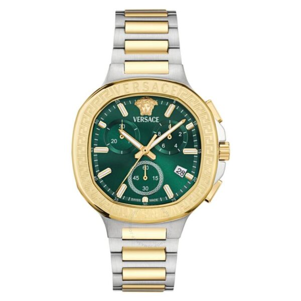Versace V-Chrono Square green dial chronograph watch with dual-tone steel and gold case