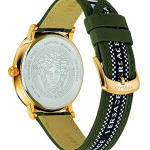 Versace V-Circle watch caseback displaying Medusa head and sapphire crystal text