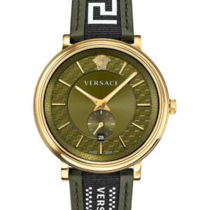 Versace V-Circle men's watch with green dial, gold-tone case, and green Greek key leather strap