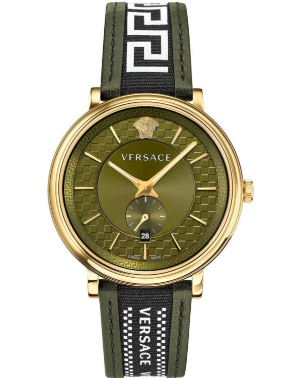 Versace V-Circle men's watch with green dial, gold-tone case, and green Greek key leather strap