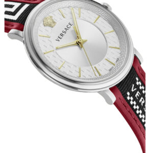 Angled view of Versace V Circle watch with burgundy leather strap and Greek key pattern