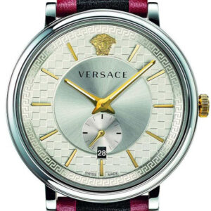 Versace V Circle watch with silver dial, gold hands, and burgundy/black leather strap