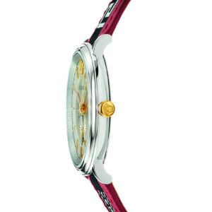 Side profile of Versace V Circle watch showing slim case and leather strap