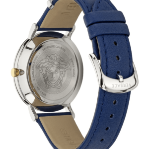 Caseback of Versace V-Circle watch showing Medusa medallion and engraved text on stainless steel