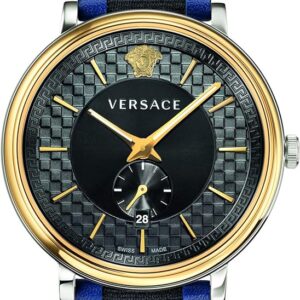 Versace V-Circle black dial watch with blue leather strap and gold bezel, Medusa logo visible