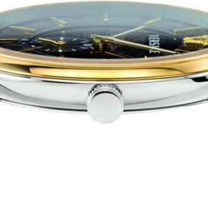 Side profile of Versace V-Circle watch displaying gold accent bezel and blue leather strap