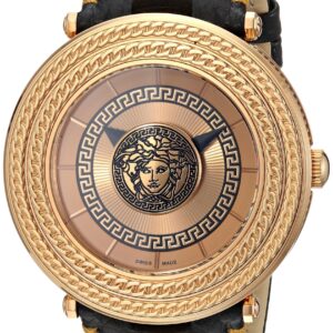 Versace V-Metal Icon rose gold watch with Medusa dial and ornate bezel on black leather strap