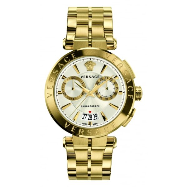 Versace V-Racer Aion gold chronograph watch with white dial and gold bracelet