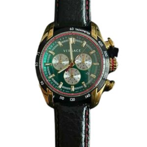 Versace V-Ray chronograph watch side view displaying green dial and tachymeter bezel