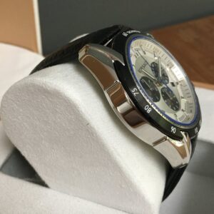 Versace V-Ray watch displayed at angle showing stainless steel case and black leather strap