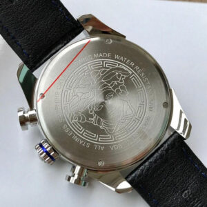Versace V-Ray caseback showing engraved Medusa design and water resistance inscription