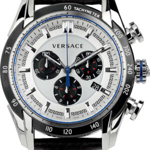 Versace V-Ray chronograph watch with white dial, black subdials, tachymeter bezel, and black leather strap