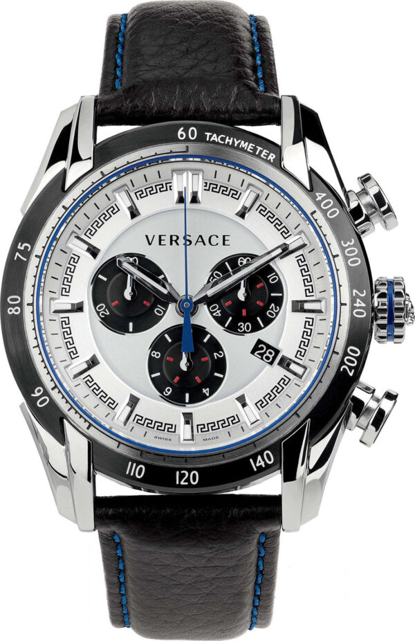 Versace V-Ray chronograph watch with white dial, black subdials, tachymeter bezel, and black leather strap