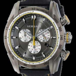 Versace V-Ray chronograph angled view showing grey dial, white subdials, and gold-accented bezel