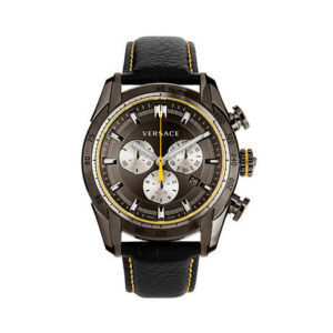 Versace V-Ray chronograph watch with grey dial and three white subdials on black leather strap