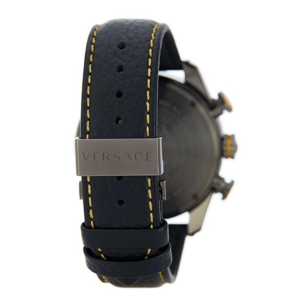 Versace V-Ray watch strap detail showing black leather with gold stitching and metal clasp
