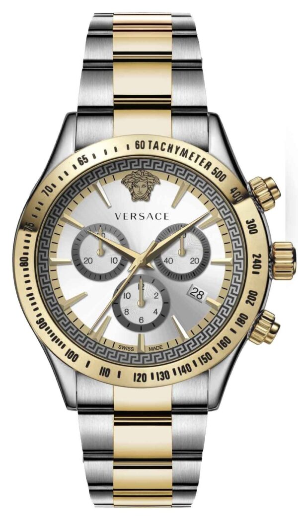 Versace two-tone stainless steel chronograph watch with silver dial and three subdials