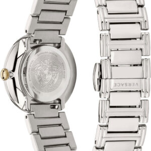 Caseback and full bracelet view of Versace Virtus Mini silver watch with Medusa emblem