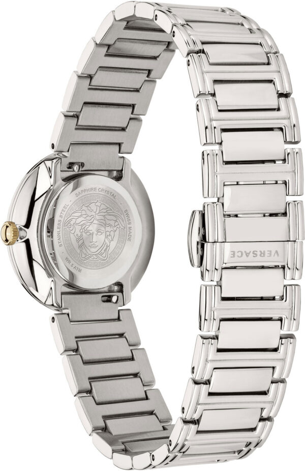 Caseback and full bracelet view of Versace Virtus Mini silver watch with Medusa emblem